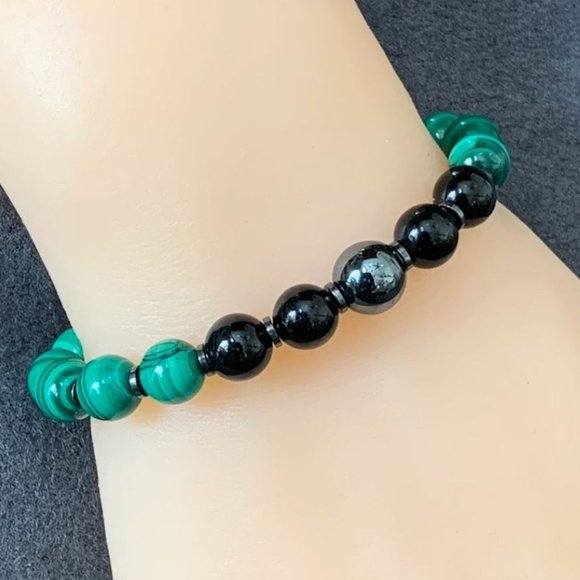 10mm Polished Malachite Black Onyx Hematite Protection Stretch Bracelet - Picture 6 of 9